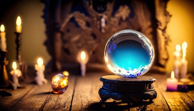 A witch crystal ball sitting on top of an old wooden table. Generative AI