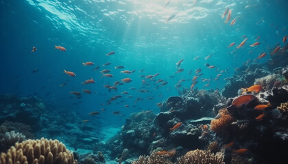 Fototapeta na wymiar Multi colored sea life swims in idyllic underwater landscape adventure generated by AI