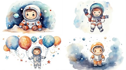 watercolor style cartoon illustration of cute kid wearing spacesuit explore in outer space with planet, balloons and star, isolated on white background, collection set, Generative Ai