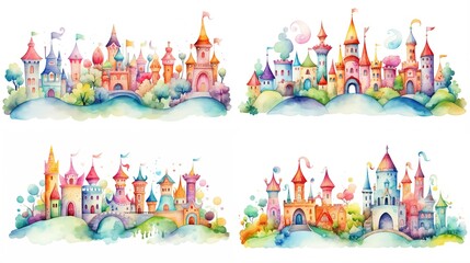 watercolor style cartoon illustration of fable fairytale castle isolated on white background, collection set, Generative Ai - obrazy, fototapety, plakaty