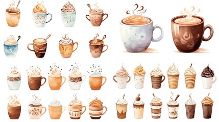 watercolor style illustration of glass of hot coffee with whipped cream, collection set, Generative Ai	
