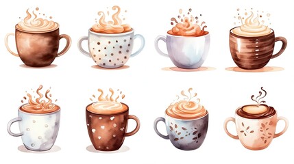 watercolor style illustration of glass of hot coffee with whipped cream, collection set, Generative Ai	
