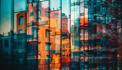 Futuristic skyscraper reflects vibrant city life in abstract pattern generated by AI