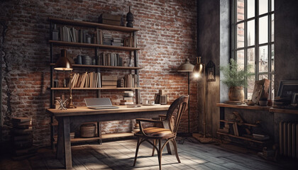 Fototapeta na wymiar Modern rustic loft apartment with elegant bookshelf collection and comfortable armchair generated by AI