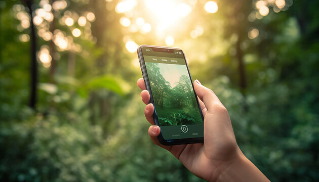 Hand holding smart phone, texting in forest with green background generated by AI
