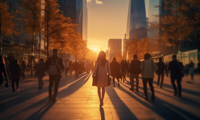Sunset scene of a crowded street.Light coming from the front. Sunset vision with silhouette of people.
