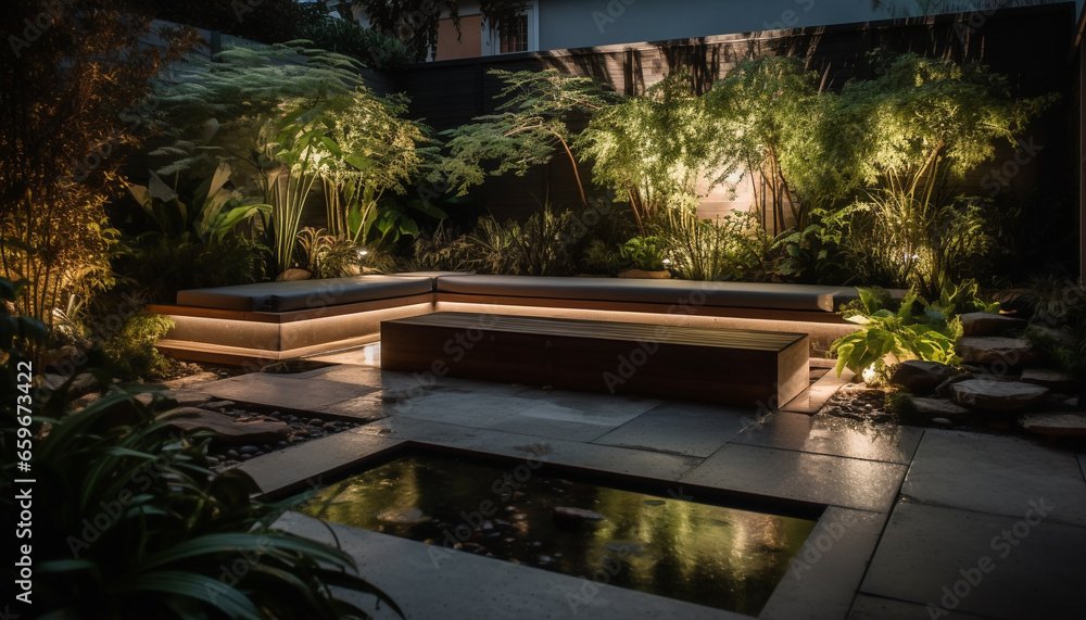 Poster luxury poolside oasis with modern design elements generative ai
