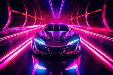 Tuning custom sports cars with neon lights on dark background. - obrazy, fototapety, plakaty