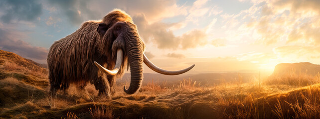 panoramic view of a woolly mammoth walking across the tundra at sunset - obrazy, fototapety, plakaty