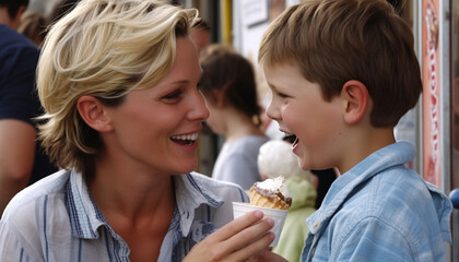 Obraz na płótnie Canvas Smiling children enjoying ice cream in summer generative AI
