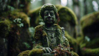 Fototapeta na wymiar Praying woman mourns at ancient tombstone monument generative AI