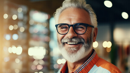 Healthcare, Eyesight And Vision Concept. Happy senior man choosing glasses at optics store, selective focus.