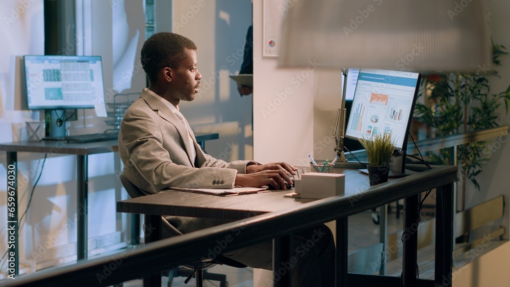 Poster meticulous bookkeepers verifying documents information on computer for accuracy and completeness dur