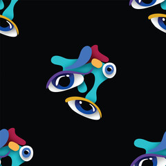 Seamless Pattern with Psyhodelical Print with Monster Eyes. Surreal Design on Black. Pop Art Cartoon Style with Stains. Endless Texture. Vector 3d Illustration