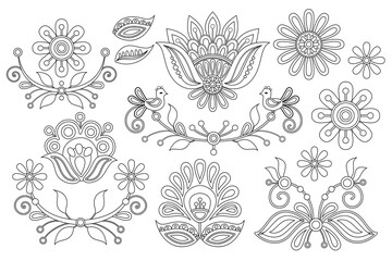 Set of Flowers Inspired by Ukrainian Traditional Embroidery. Ethnic Floral Motif, Handmade Craft Art. Single Design Elements. Coloring Book Page. Vector Contour Illustration