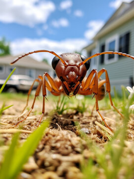 A Photo of a Ant Standing in the Backyard of a Nice House in the Suburbs