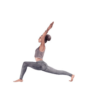 Warrior pose. A girl in sportswear does yoga. Isolated watercolor illustration