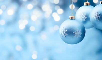 Fototapeta na wymiar Decorated Snow Glass Globe on Blue Blurred Christmas Background