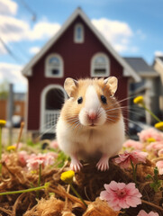 A Photo of a Hamster Standing in the Backyard of a Nice House in the Suburbs
