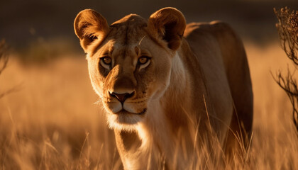 Majestic lioness walking in savannah at dusk generative AI