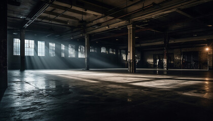 Spooky abandoned factory, empty corridor, dimly illuminated generative AI