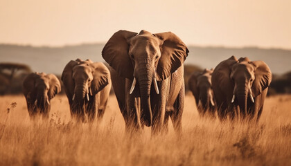 Large African elephant herd walking through the savannah at sunset generated by AI - obrazy, fototapety, plakaty