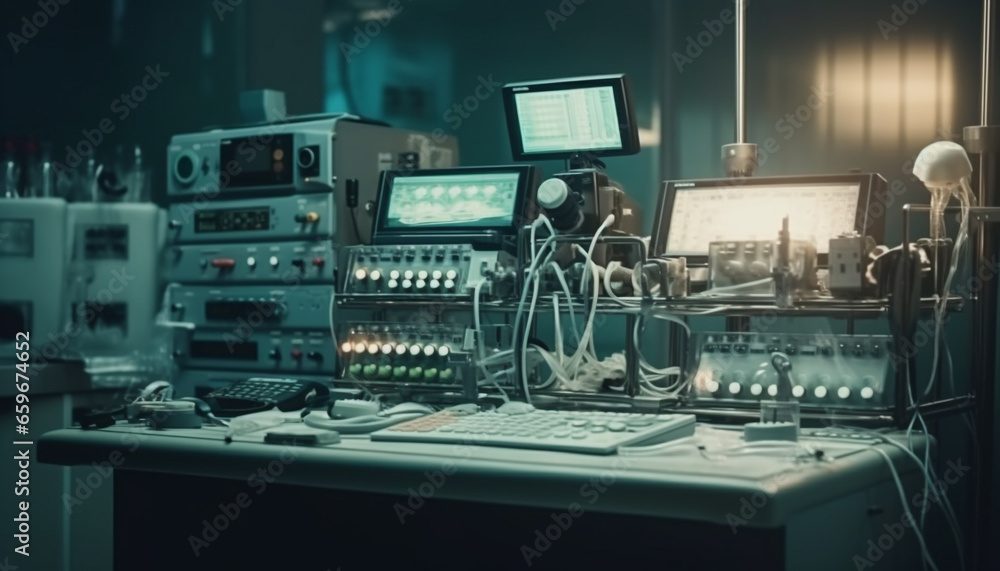 Poster futuristic laboratory with modern computer equipment and machinery generative ai