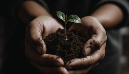 Small hand holding seedling, new life begins generative AI