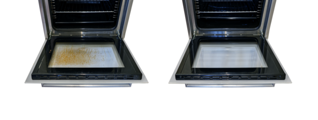 Dirty and clean oven, before and after cleaning and washing the stove glass, isolated on a white background. Washed grease on the oven window door, collage