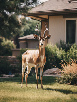 A Photo of an Antelope Standing in the Backyard of a Nice House in the Suburbs