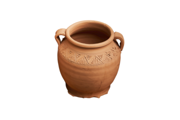 Handmade vintage ceramic tableware according to medieval technologies, isolated on a white background. Reconstruction of the events of the Middle Ages in Europe.