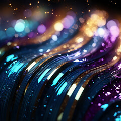 Glitter Rainbow Gold Wave Stripes Design. Shiny golden moving lines design element on dark background