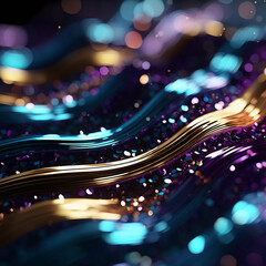 Glitter Rainbow Gold Wave Stripes Design. Shiny golden moving lines design element on dark background