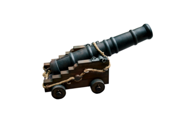 A cannon in the form of a pawn on a large chessboard with pieces, isolated on a white background