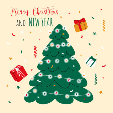 Vector New Year, Christmas illustration of a Christmas tree with garland, gifts and confetti in the background. Banner, image, greeting card.