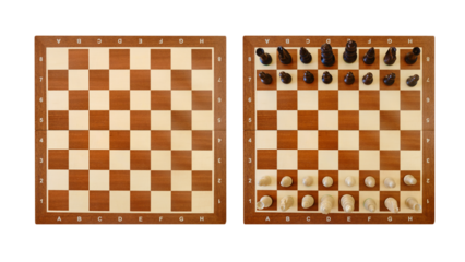 Chess pieces on a chessboard top view, before and after. The beginning of the game of chess, isolated on white background