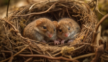 Naklejka na ściany i meble Fluffy newborn rodents in animal nest outdoors generative AI