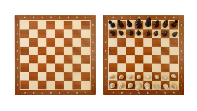 Chess pieces on a chessboard top view, before and after. The beginning of the game of chess, isolated on white background