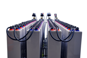 An industrial server room is equipped with a large UPS backup battery system to ensure uninterrupted power supply, isolated on white background.