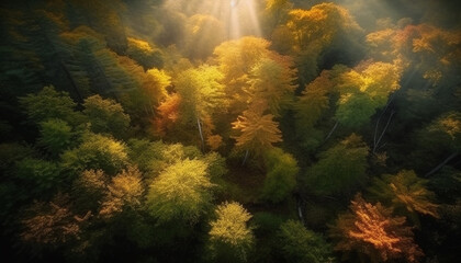 Tranquil autumn forest, vibrant leaves, multi colored beauty in nature generated by AI