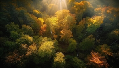 Obraz premium Tranquil autumn forest, vibrant leaves, multi colored beauty in nature generated by AI