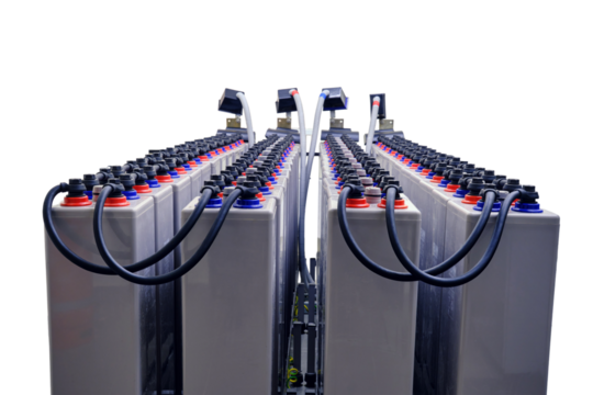 An industrial server room is equipped with a large UPS backup battery system to ensure uninterrupted power supply, isolated on white background.