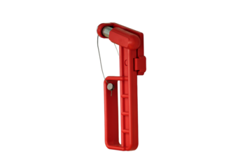 Hammer window glass breaker on the train, tram, bus and car, isolated on white background. Red safety glass hammer mounting or hanging near the windows for using to break