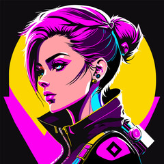 Naklejka na ściany i meble Cyberpunk sci-fi poster. Colorful vector illustration of beautiful girl with futuristic bright background.