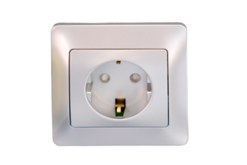 Electrical outlet on a grey wall background, closeup of photo, isolated on white background