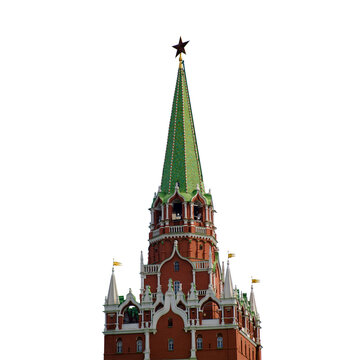 Kremlin tower on Red Square in Moscow, Russia, isolated on white background. It is one of the main landmarks of Moscow, isolated on white background.