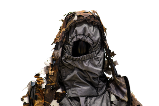 Military uniform on a mannequin as a sample for sale in a store, isolated on white background. Exhibited in the military shop is a mannequin dressed in khaki soldier garb