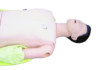 Ambulance training dummy on the floor of a hospital emergency room, training chest compressions in a mannequin, isolated on white background