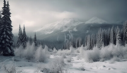 Fototapeta na wymiar Tranquil snowy mountain landscape with coniferous trees and frozen peak generated by AI