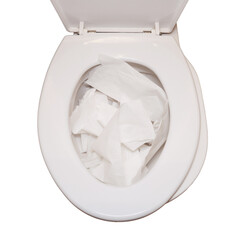 The office toilet experienced a blockage due to excessive use of toilet paper, requiring immediate unclogging and cleaning to maintain hygiene standards, isolated on white background.